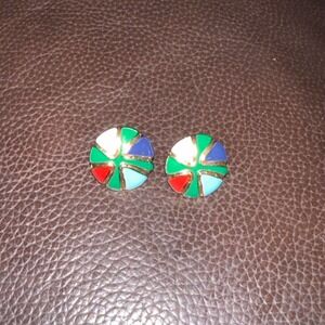 Vintage Multi Color Enamel Geometric Round Stud Earrings Gold Tone Post Backs